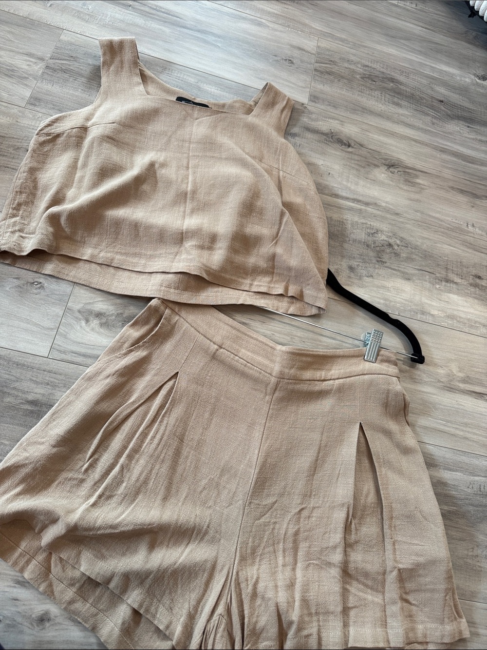 Beige High-Waist Pleated Women’s Shorts with Matching Crop Top